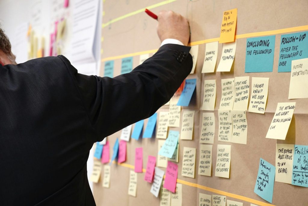 Businessman organizing tasks on sticky notes.
